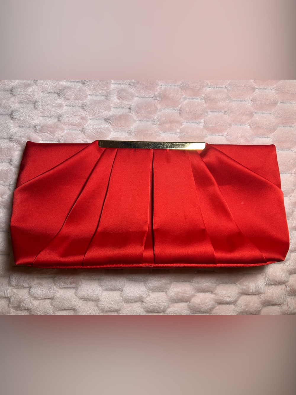 Red Satin Pleated Clutch with Gold Trim With Attachable Strap